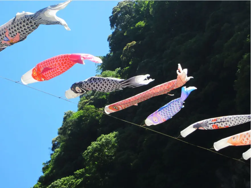 koinoboris volant au dessus d'un ruisseau au Japon