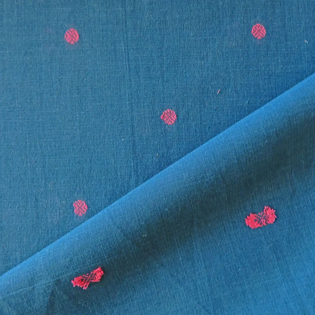 tissu indien bleu à petits ronds roses tissés recto verso c.webp