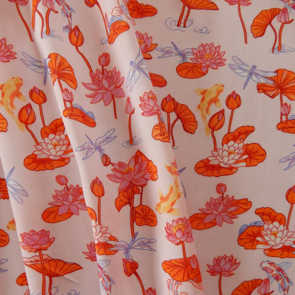 [Koï rose] Viscose Lotus, koï et libellules sur fond rose