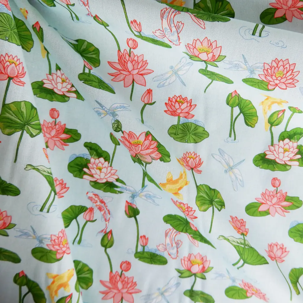 Cretonne de coton Lotus, Koïs et Libellules