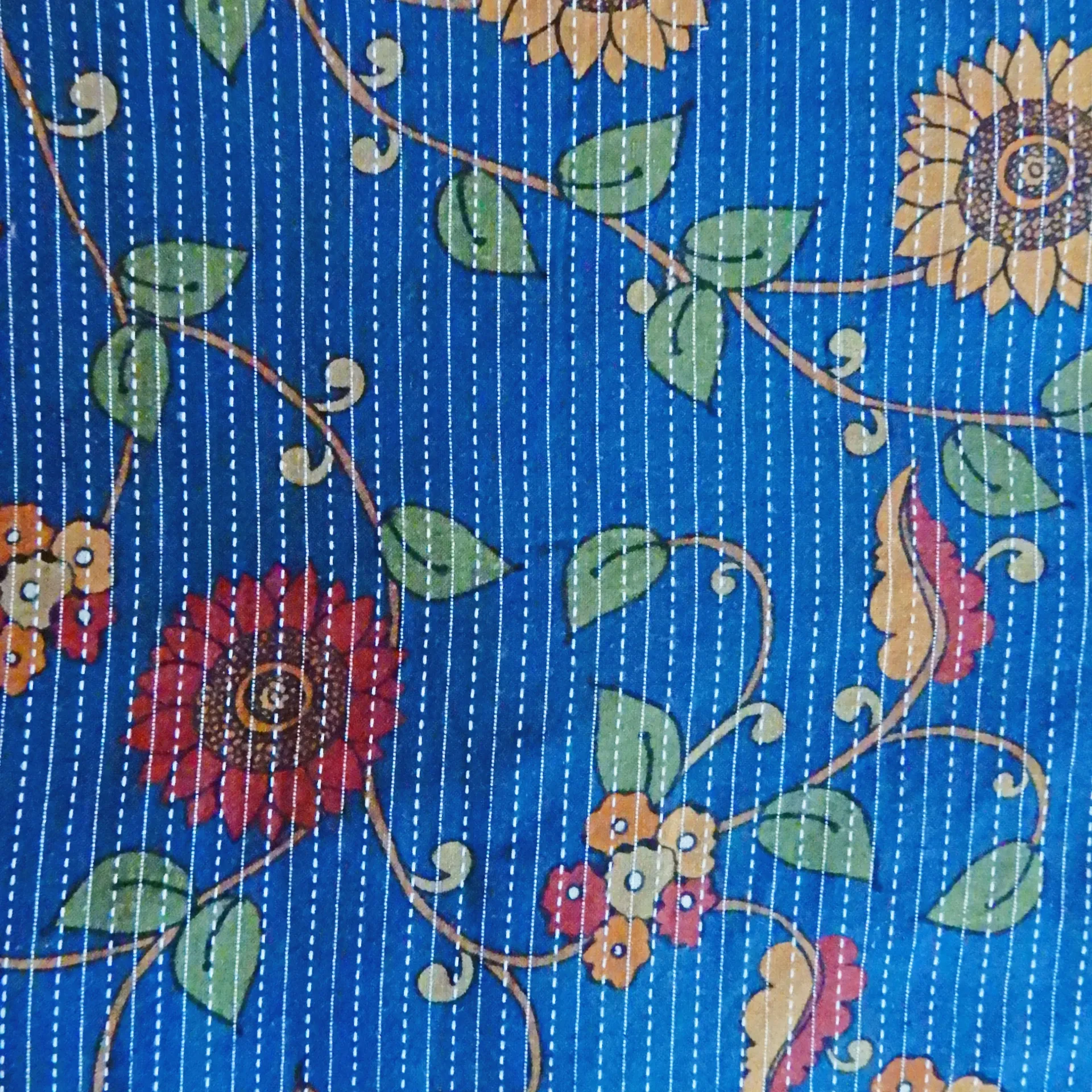 [IND KANTHA 2] Voile de coton Kantha bleu Tournesols