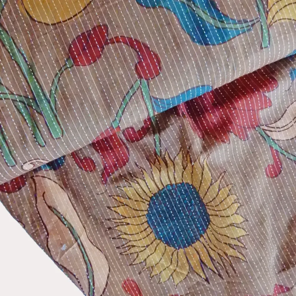 [IND KANTHA 3] Voile de coton Kantha beige Tournesols