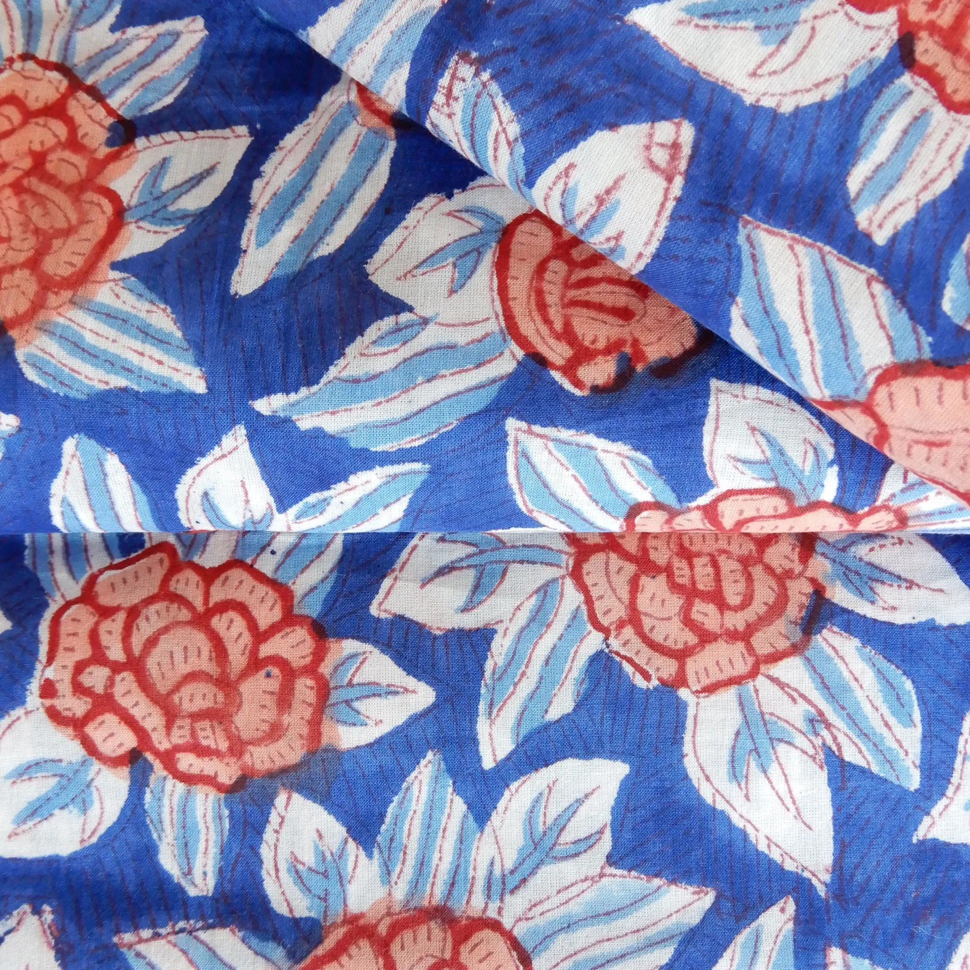 Coton Blockprint bleu roi à feurs