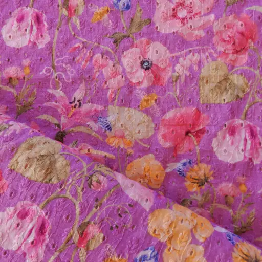 [IND Brodé fleurs des champs mauve] Voile de coton brodé Fleurs des champs