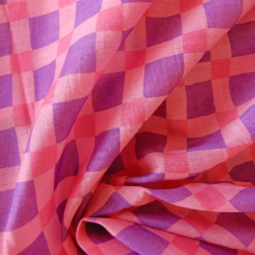[IND chanderi carreaux mauve rose] Voile imprimé de carreaux mauve et rose