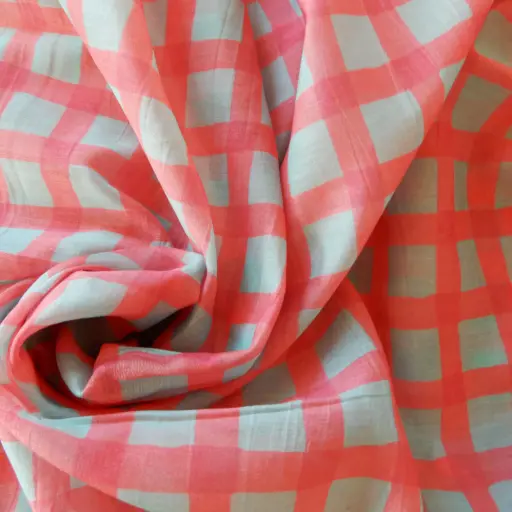 [IND Chanderi carreaux corail bleu] Voile imprimé de carreaux corail et bleu