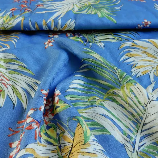 [BEG V7] Popeline de viscose bleue à feuillages