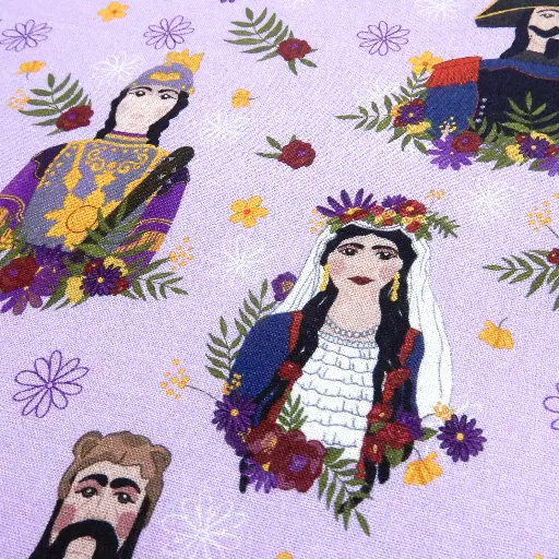 [KANO Géants fleuris mauve] Tissu coton Les géants d'Ath sur fond mauve