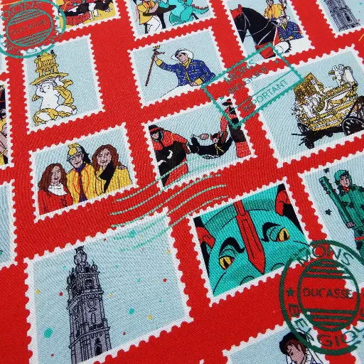 [KANO Timbre rouge] Popeline de coton Timbres du Lumeçon sur fond rouge